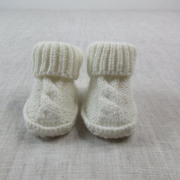 Handmade Crib Booties Baby Shoes White Knitted Wool Soft Warm Infant Cuff Design - Picture 2 of 5
